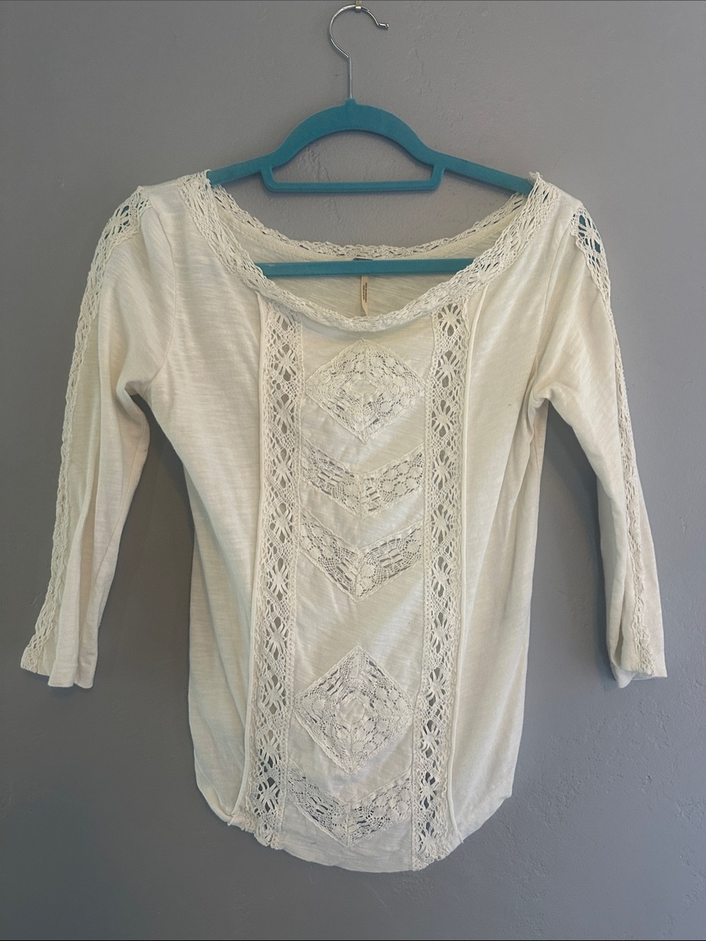 Free People Cream Crochet-Panel Long Sleeve Tee